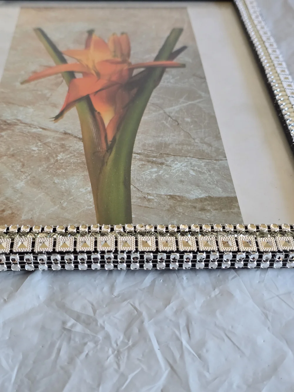 Framed Orange Floral Art Print with Beaded Silver Frame New 8x10 Handmade